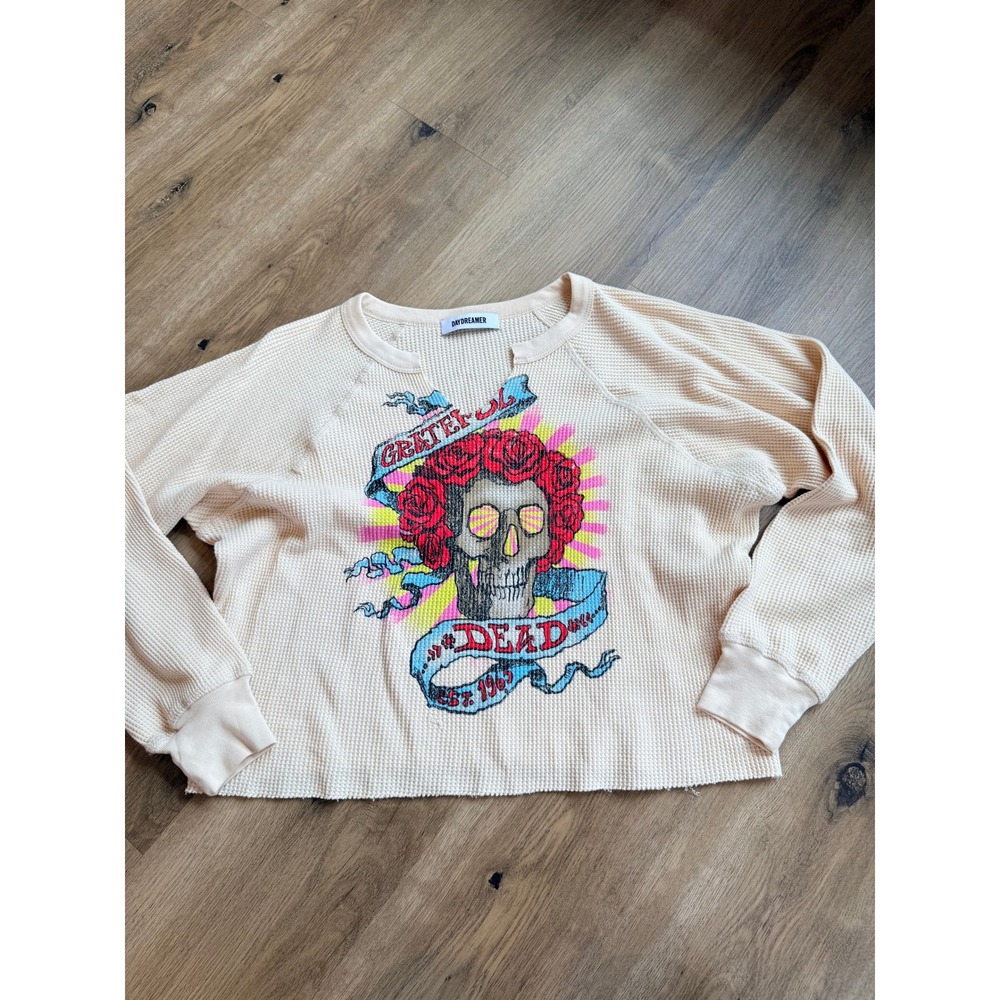 Daydreamer Grateful Dead Waffle Knit Thermal Top XS Cream Skull Roses Graphic
